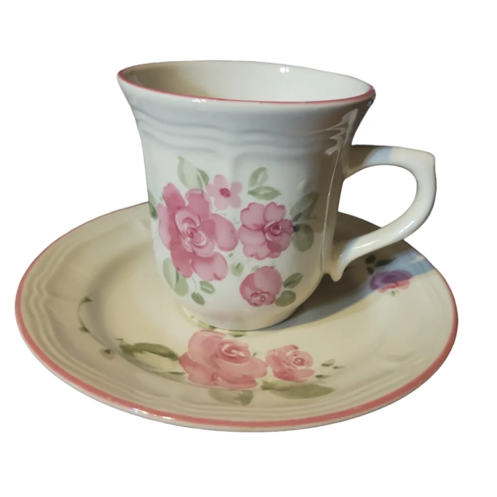 1 Vtg Gibson Roseland Coffee Tea Stoneware Flat Cup/Saucer Pink Rim Roses Leaves